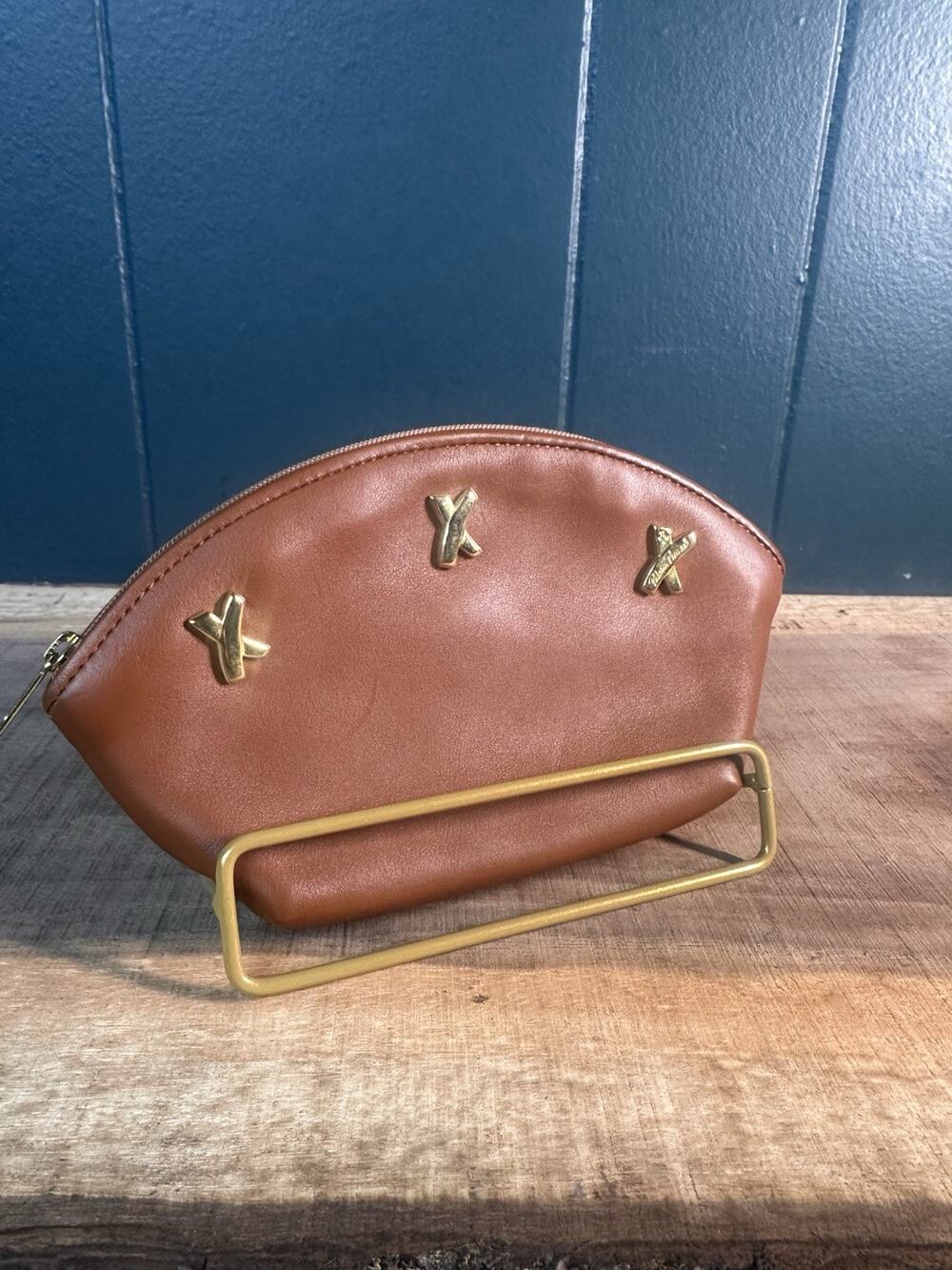 Paloma Picasso Brown Leather Zip Clutch Pouch Gold Logo Made in Italy